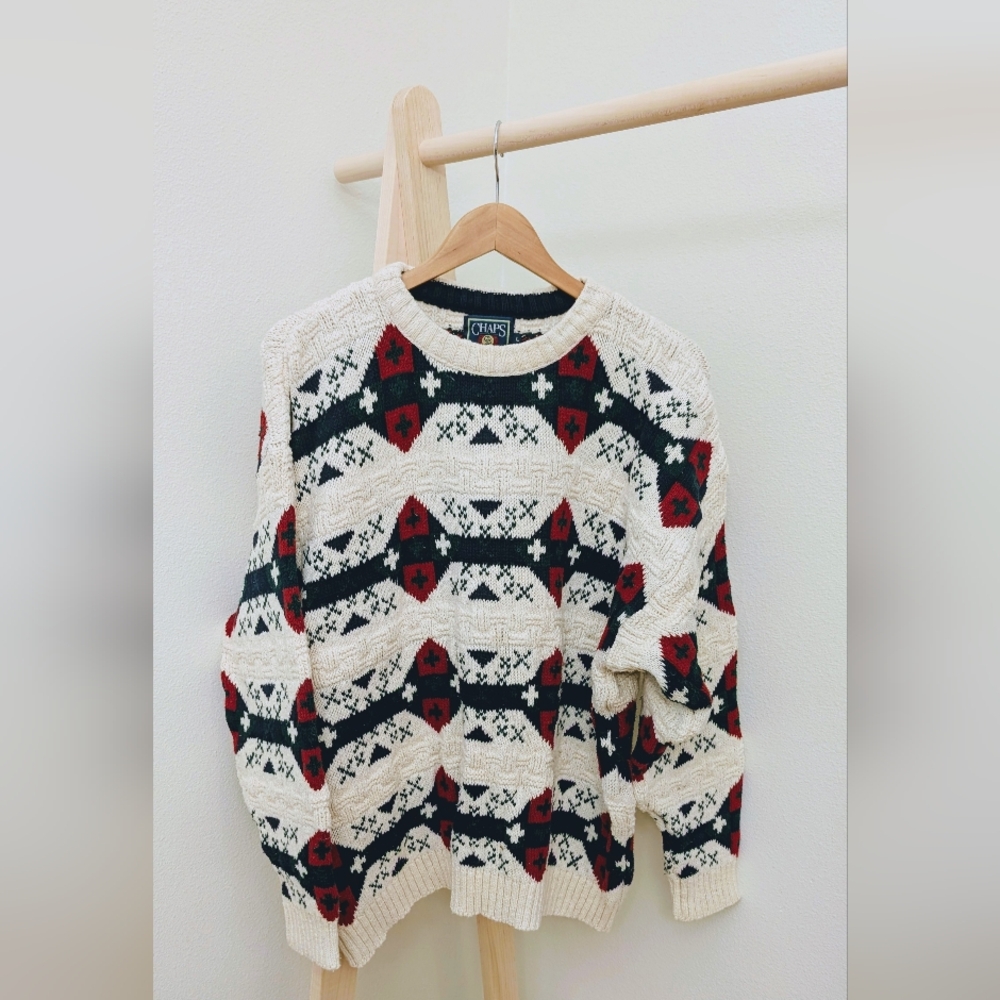 Vintage Ralph Lauren Chaps Chunky Geometric Cotton Crewneck Sweater L Made in US
